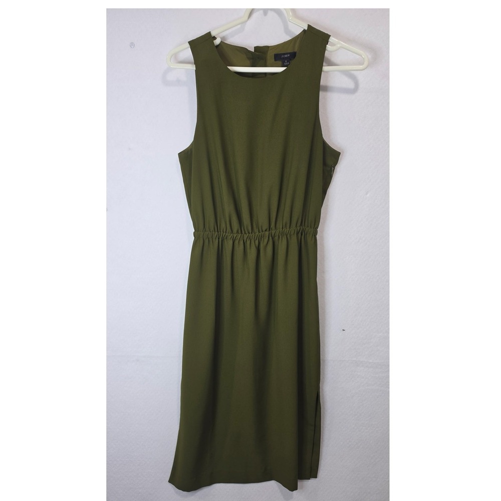 J.Crew Olive Green Sleeveless Elastic Waist Midi Dress with Back Buttons Size 2